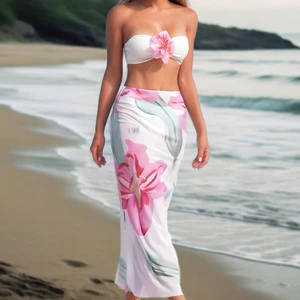 New 3D Floral Backless Top Bikini Slim-Fitting Long Skirt Beach Vacation Bathing Suits Women 3 Piece Cover up Swimsuit Set