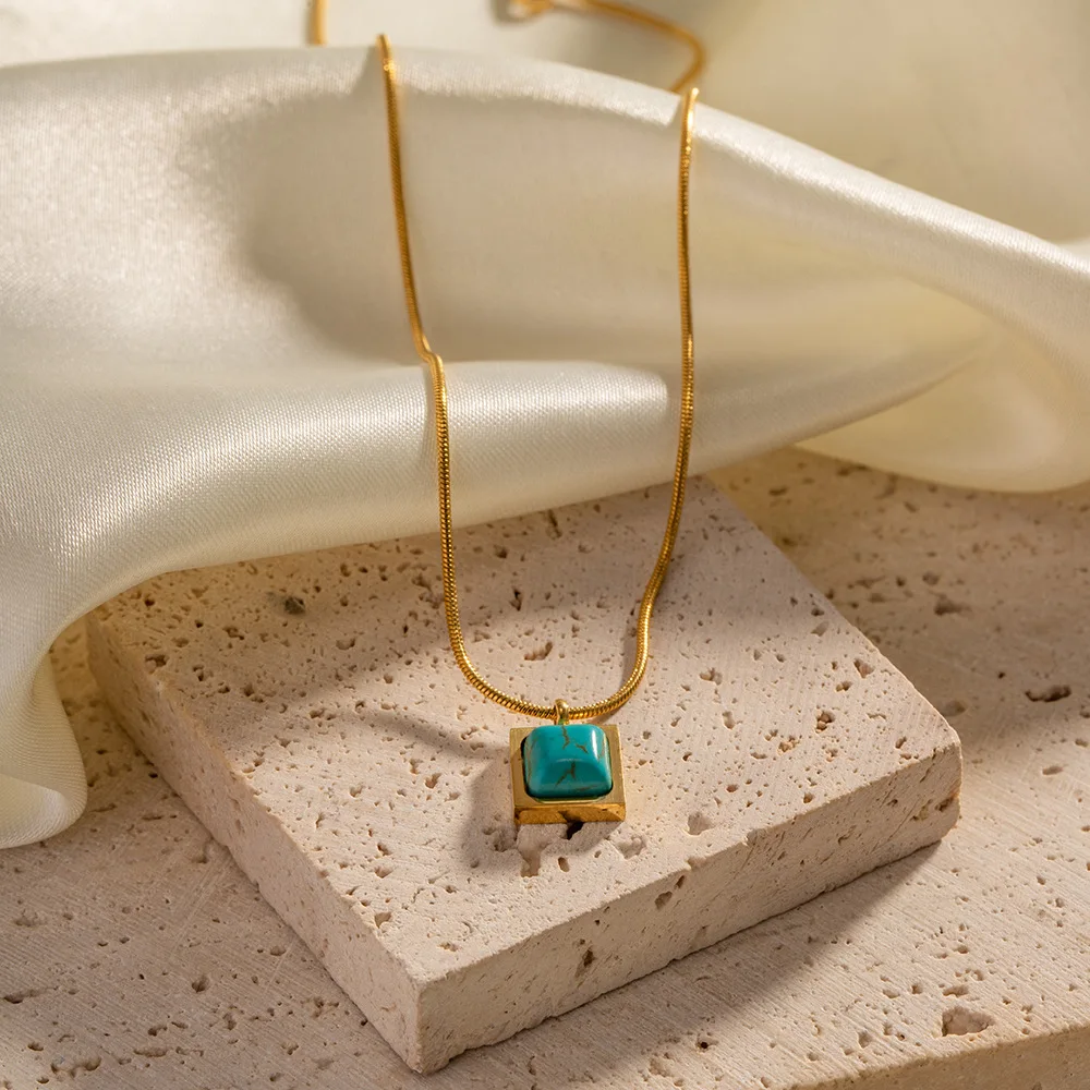 Promotion Factory Direct 18k Gold Stainless Steel Natural Blue Turquoise  square Stone Hanging Pendant Necklace Girls Jewelry