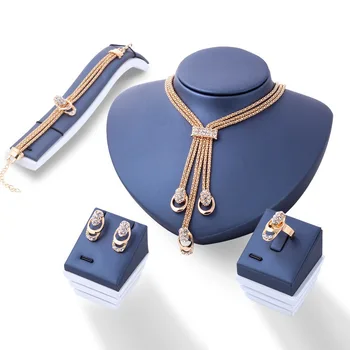 4Pcs/set Gold Crystal Necklace Bracelet Ring Earrings Fashion Jewelry Women Bridal Rhinestones Jewellery Sets Wholesale