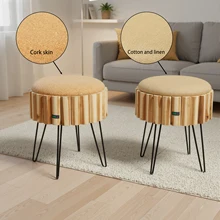 Wooden Round Ottoman Stool Storage Footstool for Living Room