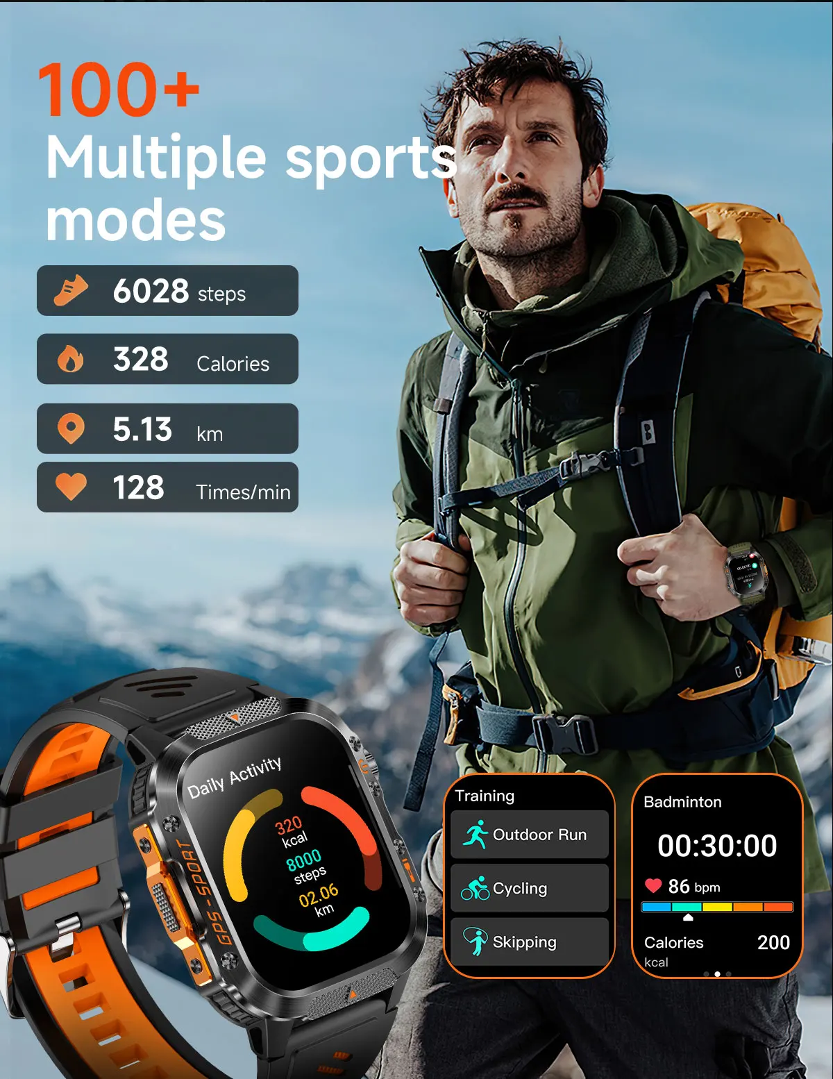 product laudtec black smart watches sport flash light heart rate health monitoring waterproof outdoor sports watch gps smartwatch sb003-8