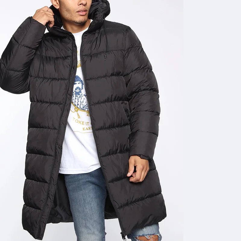 Fashionable Winter Men's Coats 100% Polyester Side Hand Pockets Full Zip Closure Puffer Coat Men Custom Plain Long Coat Men