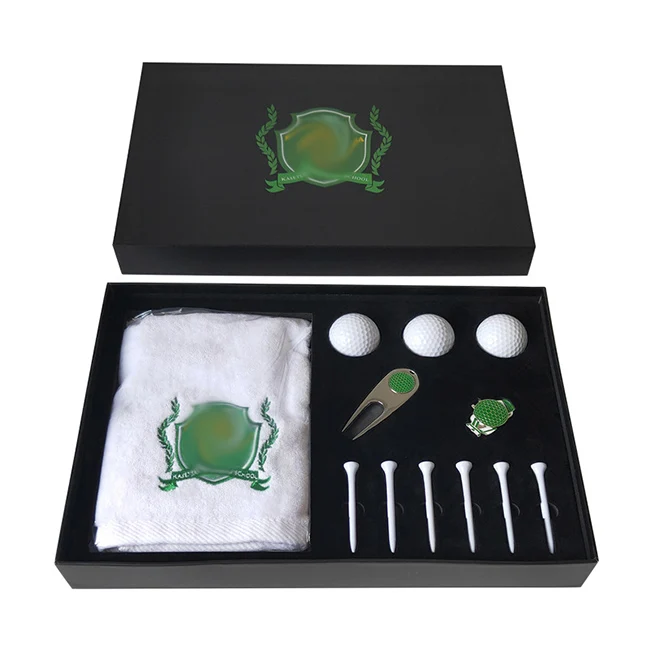 China's Best Customized Golf Gift Set Box with Ball Towel Tees Divot Tool Hat Clip Featuring a Most Useful Logo