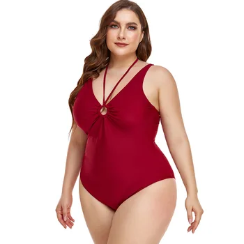 2024 New One piece Bikini Gathering Solid Color Pleated Hanging Neck Swimsuit