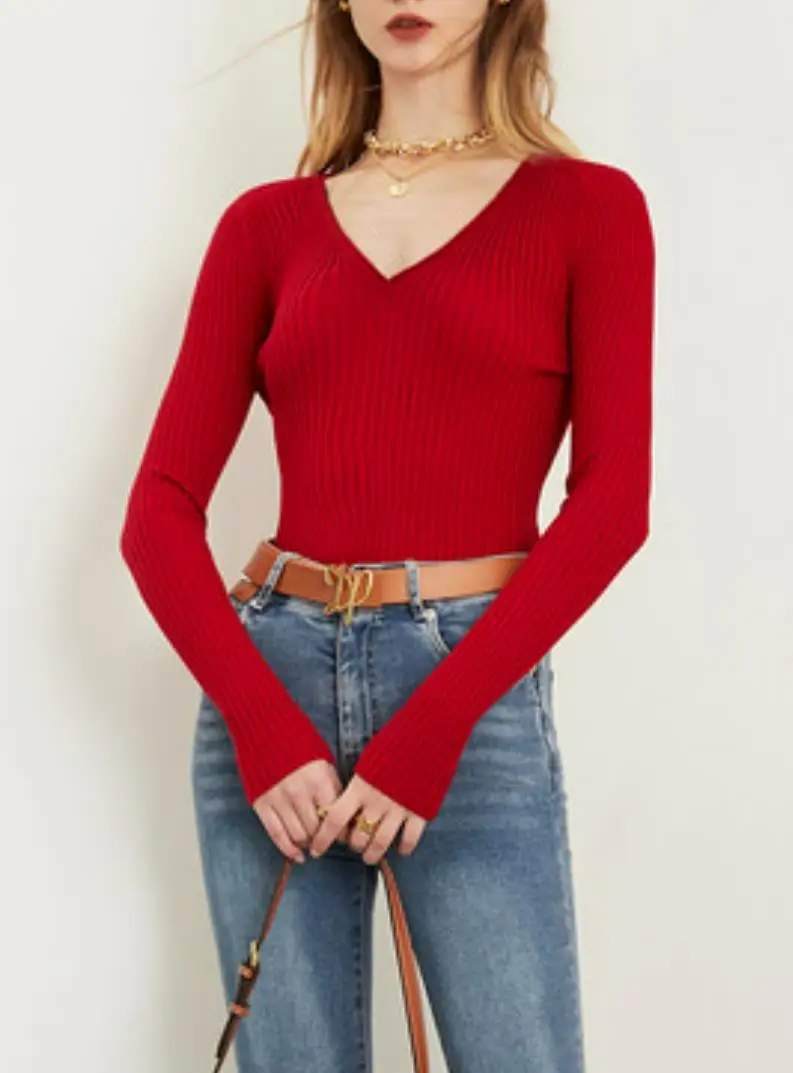 Stock 2022 Women V-neck ribbed pullover long-sleeved autumn Solid Color jumper thin knit wear basic top sweater