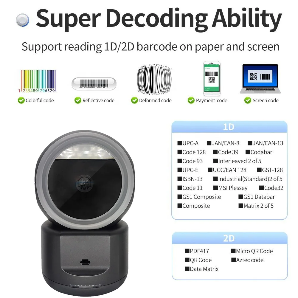 Wholesale 1D 2D QR CODE Waybill Desktop Supermarket Handheld Usb Presentation Barcode Scanner