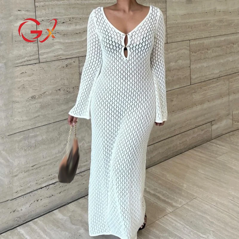 Women's Backless Long Sleeve Knit Midi Dress - Summer Slim Fit Beach Maxi Dress