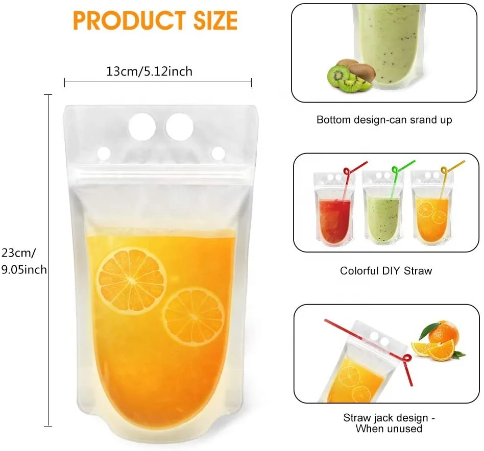 Custom clear Zipper Drinking Bags New Transparent Reusable Drink Pouch With Straw Plastic Drink Juice Capri Sun Pouch Bag