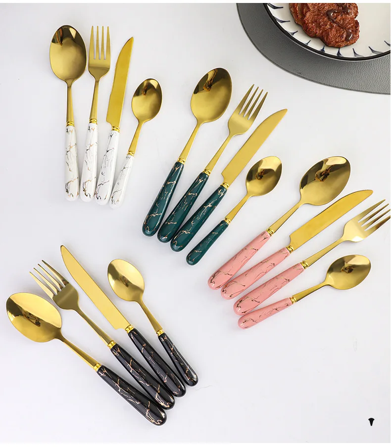 High Quality Royal Luxury Bulk Ceramic Handle Cutlery Set Stainless Steel Gold Silverware Flatware