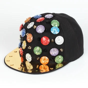 Rivet Snapback Hip Hop Hats Brim Baseball Caps Hot Sale Heavy Metal Colored Diamond Flat Metal Sports Caps OEM Unisex 7cm