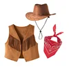 Brown Tassel vest + scarf + light coffee non - folding cap
