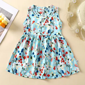 Summer Collection O-Neck Collar Cartoon Pattern Dress Skirt for Girls Baby Princess Collection Made Silk Milk Clothes for Kids