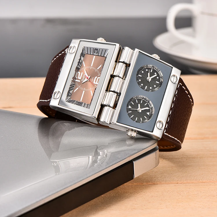 Orologi quadrati da uomo 9525 Oulm con cinturino in pelle di grandi  dimensioni creativo orologio sportivo a mano resistente all'acqua doppio  orologio