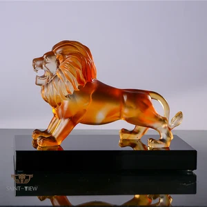 Casting Crystal Glass Amber Lion Wild Animal Statue Figurine Home Decor