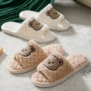 Warm Fluffy Open Toe Bear for Slippers for Women Soft Plush Lining Comfortable Home Indoor Anti-Slip Footwear for Spring  Autumn