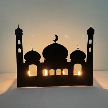 Nicro Wholesale Price Ramadan  Temple Shaped Metal Black Candlestick Muslim Candle Holder Ornament Eid Mubarak Home Decoration