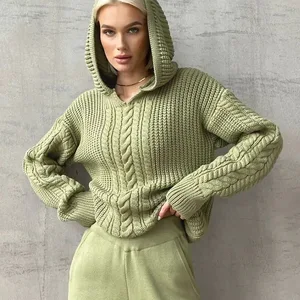 Wholesale Winter Casual Women's Hooded Long Sleeved Knitted Sweaters Solid Pattern Embossed Logo Front Back Yarn Dyed