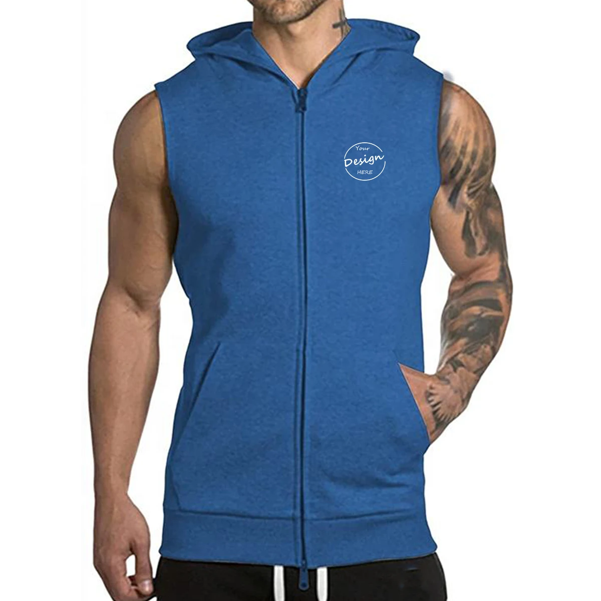 Blank zipper vest workout hooded tank tops bodybuilding muscle men's sleeveless gym hoodie men tank top with hood