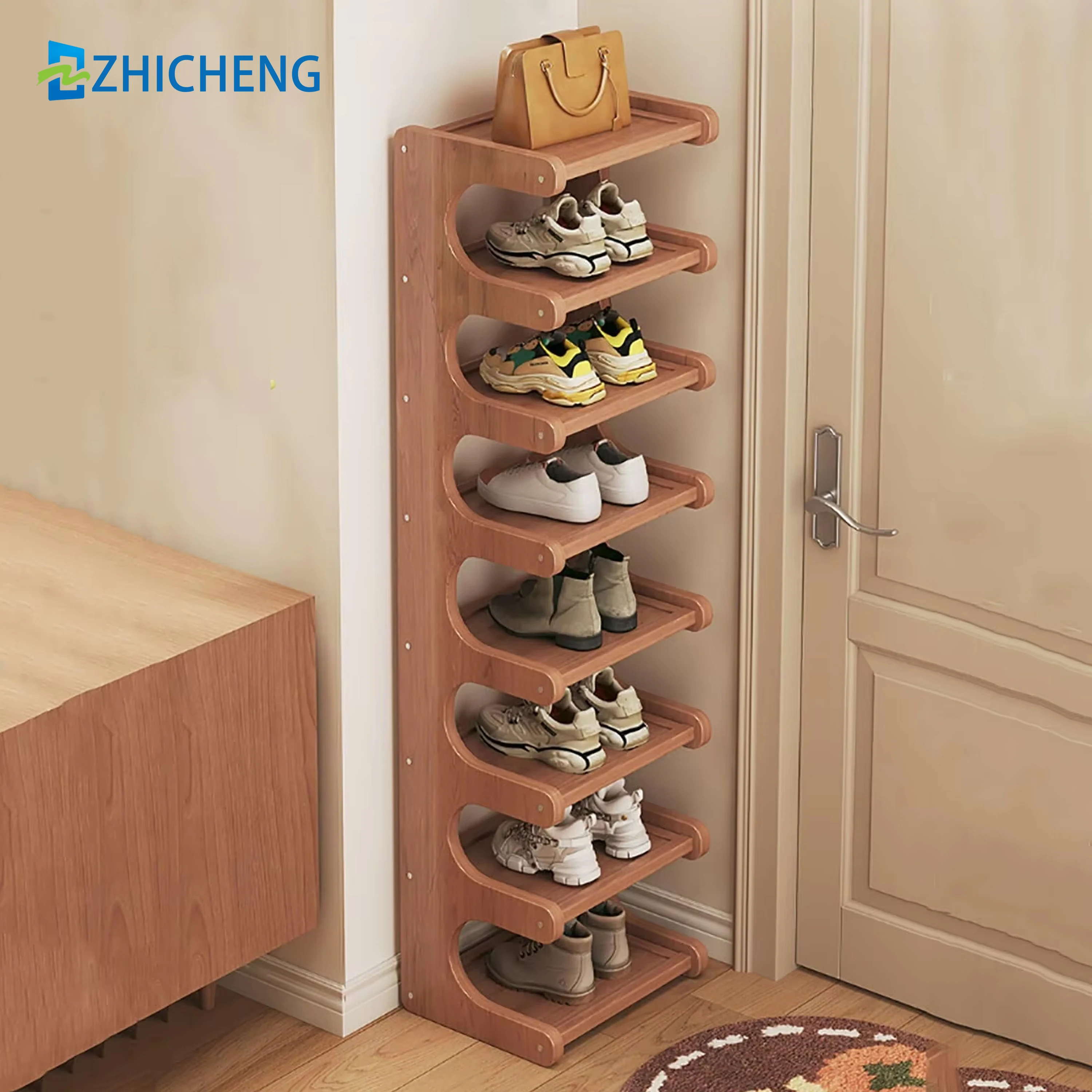 ZC Custom Minimalist Bamboo Wood Shoe Shelf Tower Shoe Cabinet Organizer Modern Shoe Rack for Entryway Small Spaces
