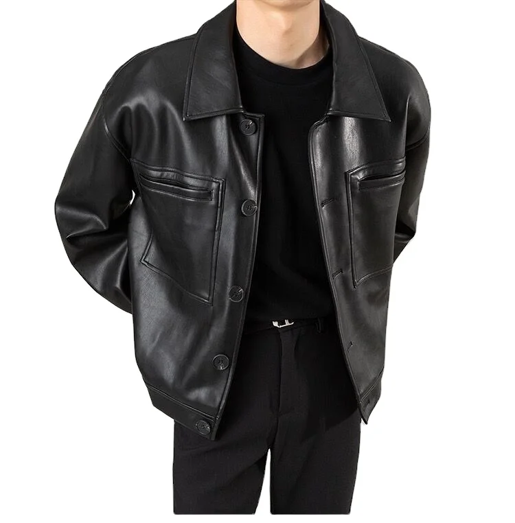 Vinage Men's PU Leaher Jacke Loose Shor Syle wih Crocheed Weave for Spring and Auumn Casual Lapel Moorcycle_voghion.com