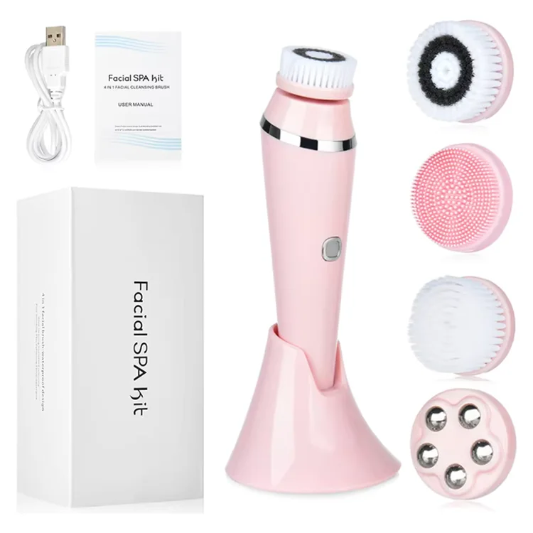 Escova de Limpeza Facial Portátil Mini de Silicone 4 em 1 para Spa, Massagem e Limpeza Elétrica Rotativa