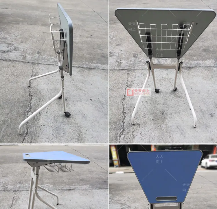 Portable Folding Table and Chair Set Trapezoidal Table With Wheels and Book Rack