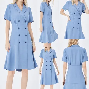 Wholesale Clothes Button up V-neck Short Sleeve Casual Ladies Shirt Women Formal Office Work Dresses