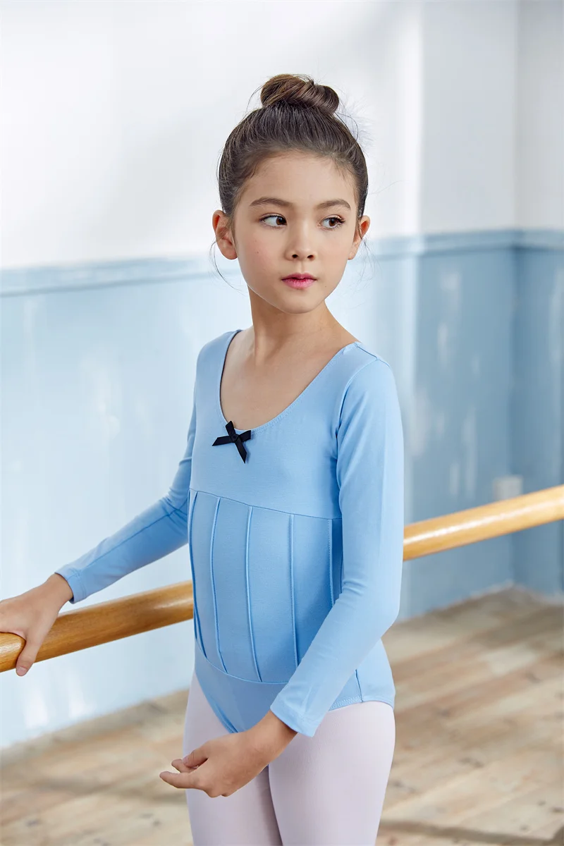 Oem Front Bow Gymnastics Leotards Ballerina Costume Children Training Dancewear Long Sleeve