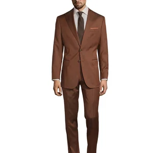 Elegance Men's 2-Piece Slim Fit Bespoke Wool Suit Single Breasted Brown Business Zipper Fly Pants Plus Size Made Measure