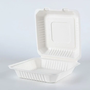 Certificated Biodegradable Sugarcane Bagasse Box Food Container USA Europe Clamshell Takeaway Box--8 X 8 Inch Bento Packaging