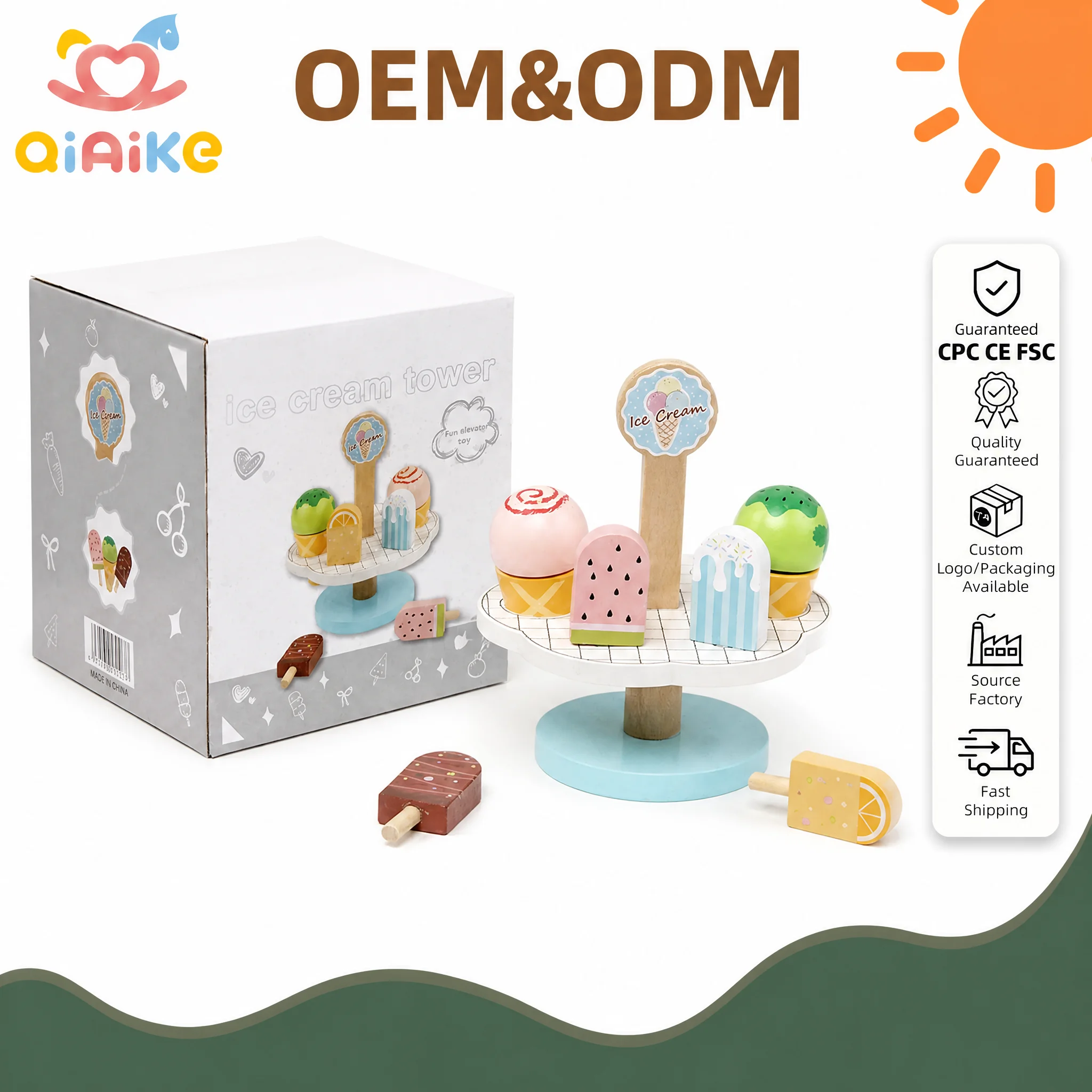 Set Mainan Pura-pura Es Krim Kayu Grosir, Rak Pajangan Toko Makanan Penutup, Mainan Peran Edukatif, Mainan Montessori, OEM, ODM