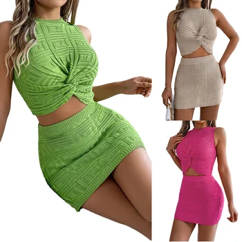 Real spring and summer Europe the United States casual knotted bare umbilical clothing on the skirt knitted suit for women