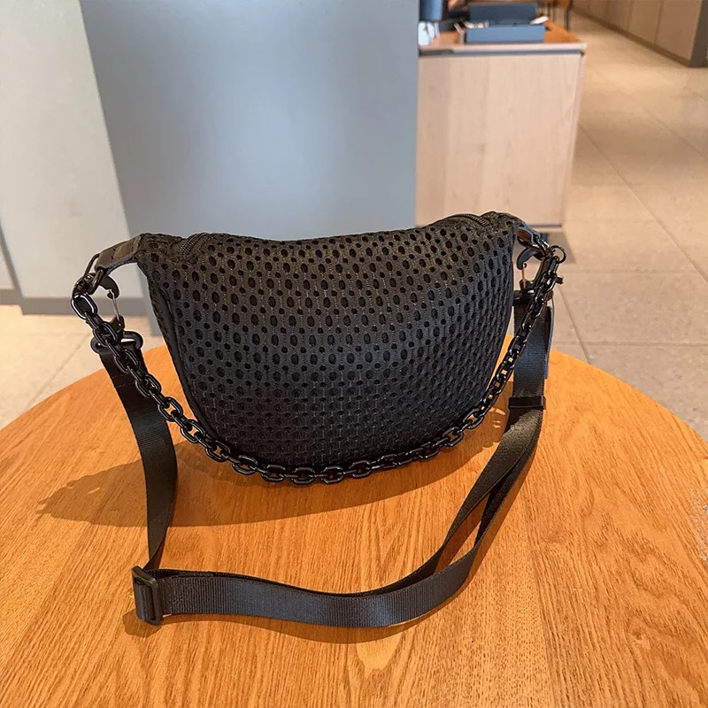 Ling Yu New Women’s Small Mesh Crossbody Bag Polyester Chunky Chain Zipper Closure Single Strap Fashionable Casual Shoulder 2025