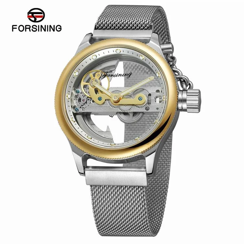 Forsining Men Transparent Design Mechanical Watch Automatic Silver Golden Gear Skeleton Mesh Belts Clock 206