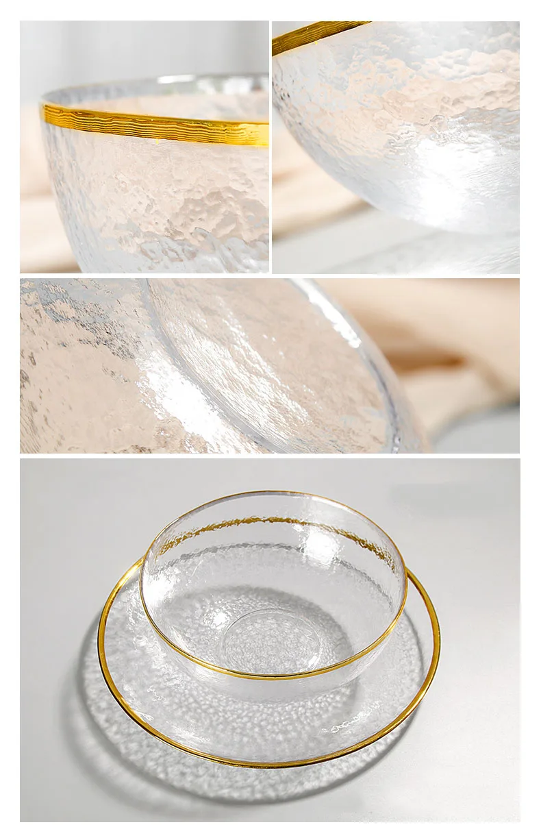 Wholesale High Borosilicate Clear Glass Dinner Plate Sets With Gold Rim
