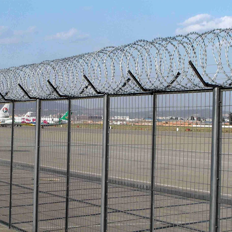Iron Welded Airport Safety Fence Concertina Razor Wire 4mm Diameter Pressure Treated Timbers Green Color 3D Modeling