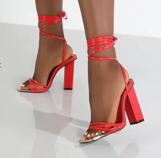 Lace up  Strap square High Heel  square Cap  Toe Faux Leather   Sandals for Women and  Laddies