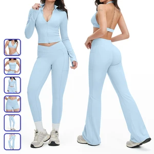 Custom Yoga 6 Piece Sets Women Long Sleeve Shorts Leggings Jackets Crop Top Active Wear Workout Outfits