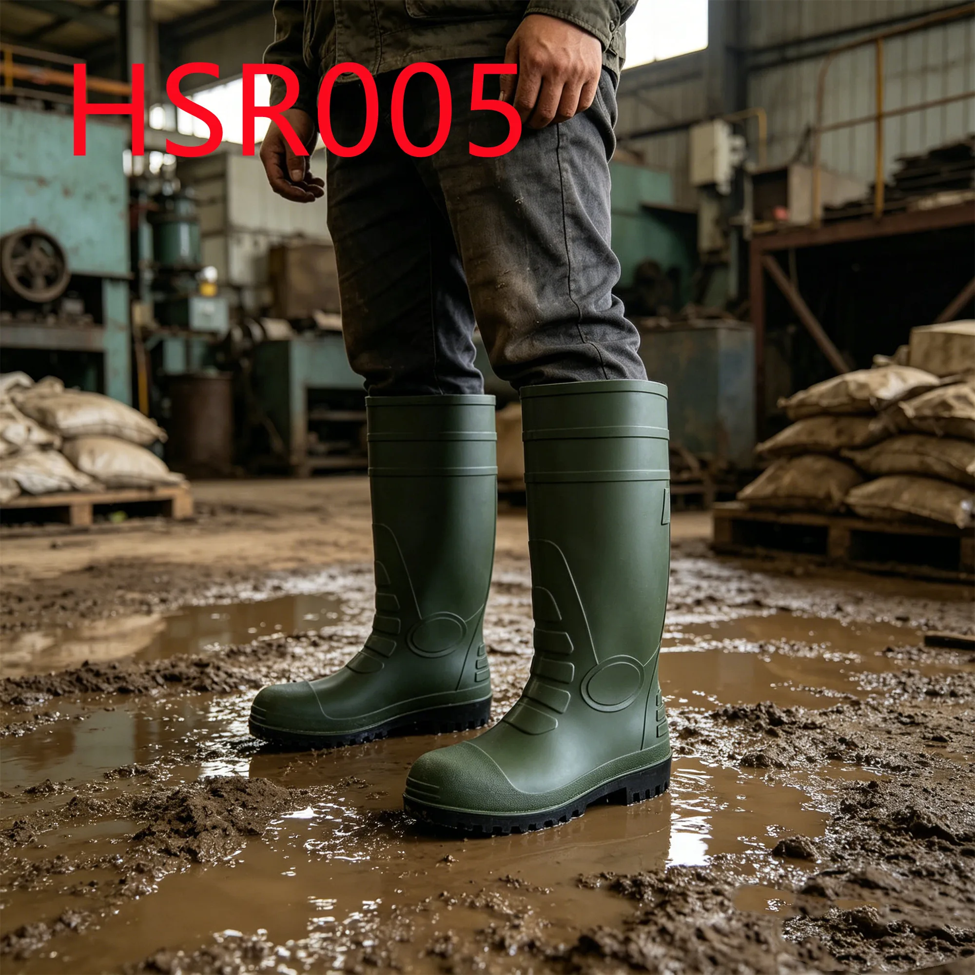HY,High-cut All-season Suitable PVC Integral Molding Rubber Boots Sewage Treatment Fully sealed Seams Green Gumboots HSR005