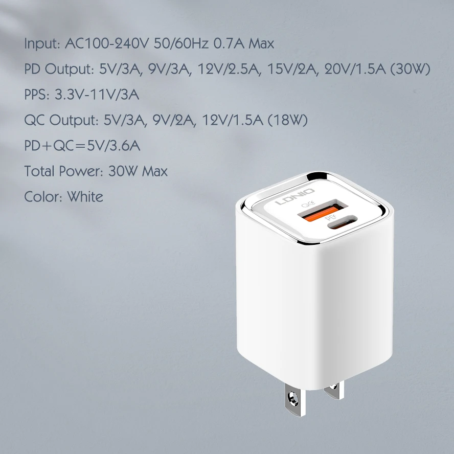 LDNIO A2317C 30W High Power Fast Wall Charger  PD QC  Fast Charging USB Port Portable Phone Fast Charger