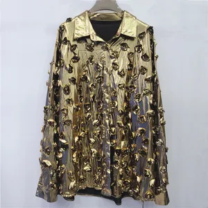 Bettergirl 2026  Early spring new three-dimensional flower lapel long sleeved shiny top