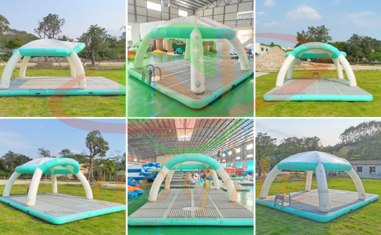 Plataforma flotante inflable de ocio con tienda, muelle de isla flotante inflable de agua de verano, nuevo diseño