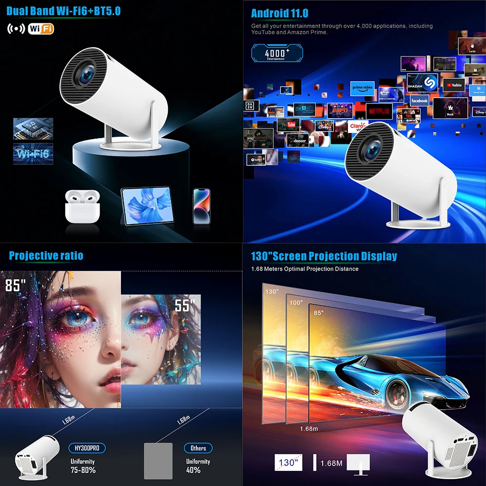 3D Smart Hy300pro Projector Android Led Video Mini Beamer 4K Portable Hologram Laser Home Theater 4K Mini Projector