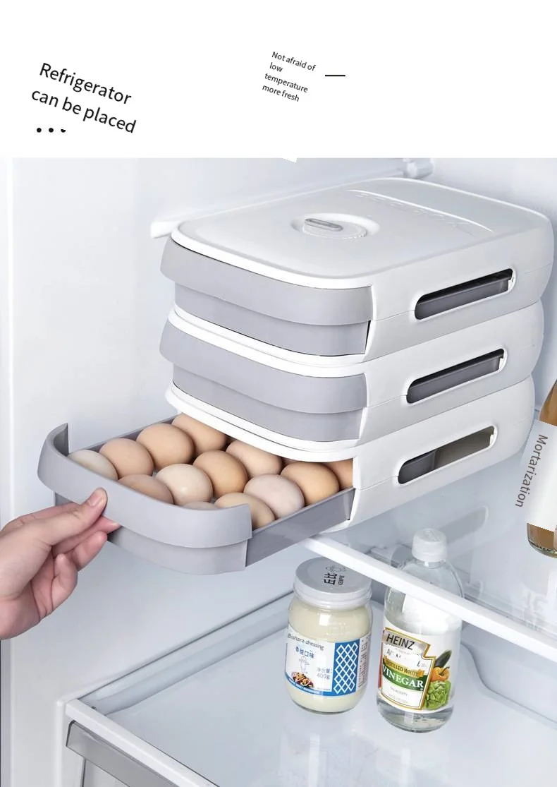 New refrigerator can be stacked drawer type egg box Large capacity egg box with lid and anti-drop rolling egg box details