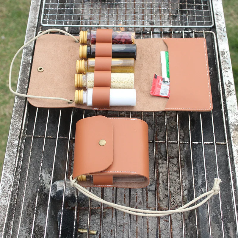 Portable Outdoor Camping Seasoning Bottle Leather case BBQ Barbecue Bottle Storage Bag Kitchen Hanging Rope Seasoning Box supplier