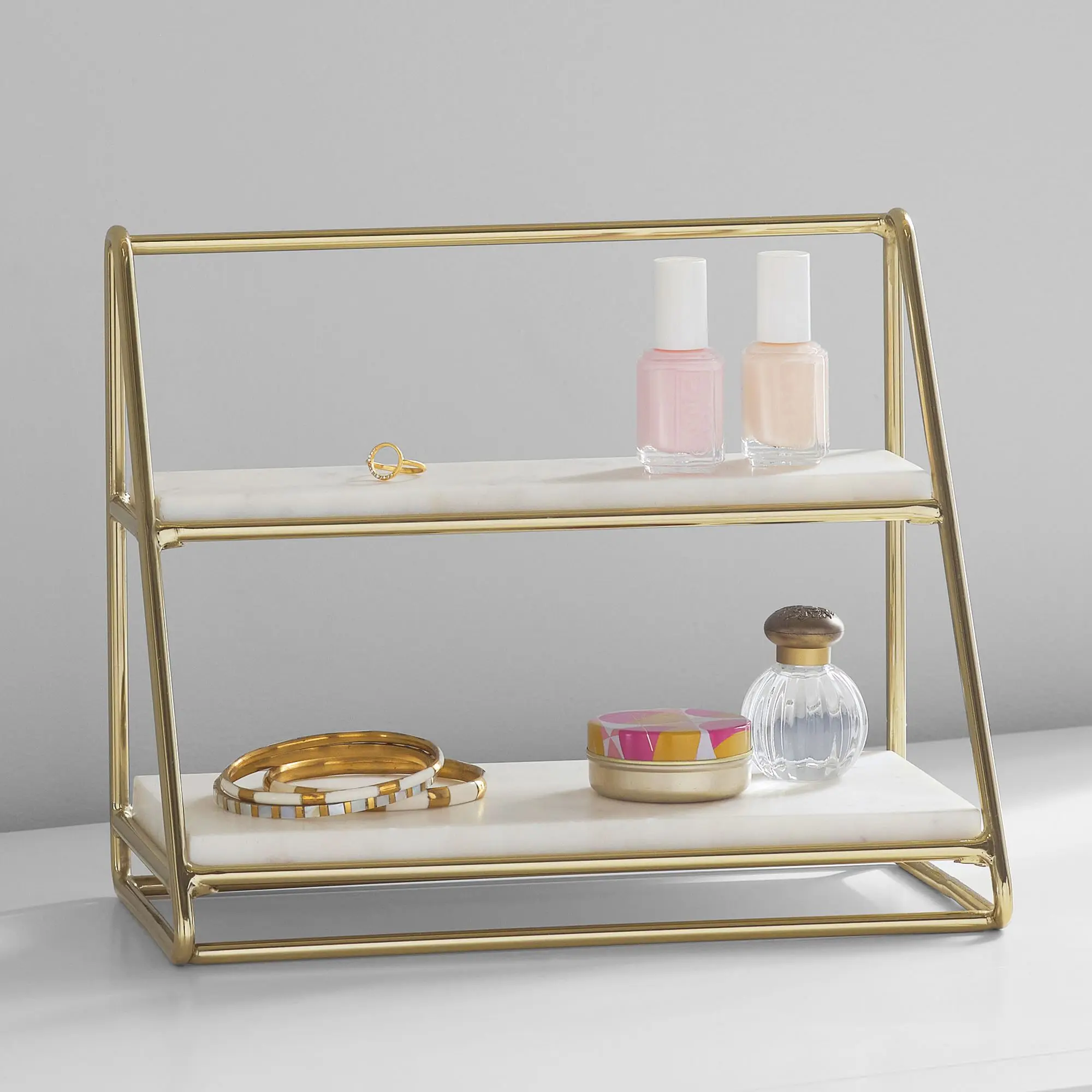 Hot Sale 2 Tier Standing Perfume Makeup Storage Rack Bathroom Organizer Countertop Marble and Gold Beauty Makeup Organizer
