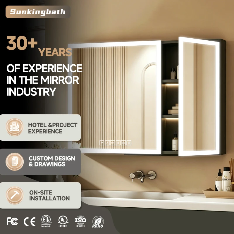 Modern Bathroom Storage Cabinet Bluetooth Touch Sensor Led Mirror Cabinet Anti-Fog Wall Mounted Bathroom Cabinet with Mirror