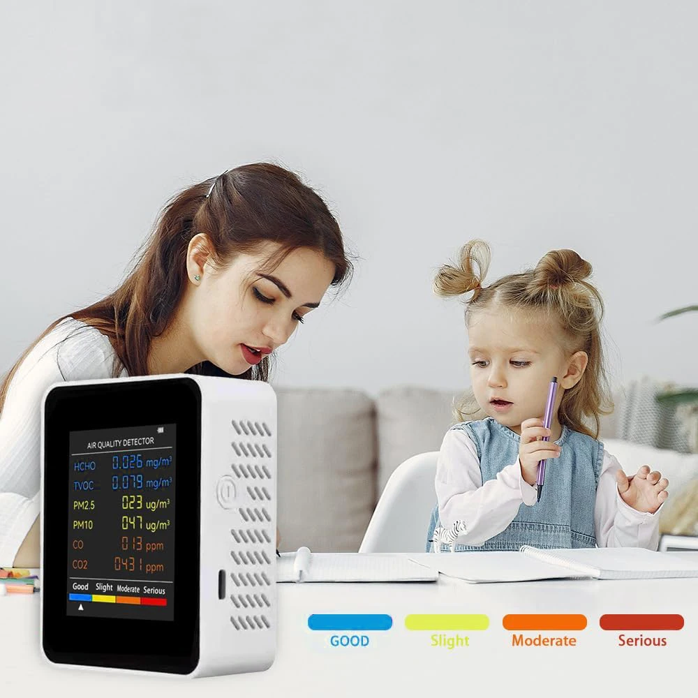 Monitor Qualità Aria 6 In 1 Per Interni – Rileva CO2, PM2.5, PM10, HCHO, TVOC E CO Con Allarme A 4 Colori