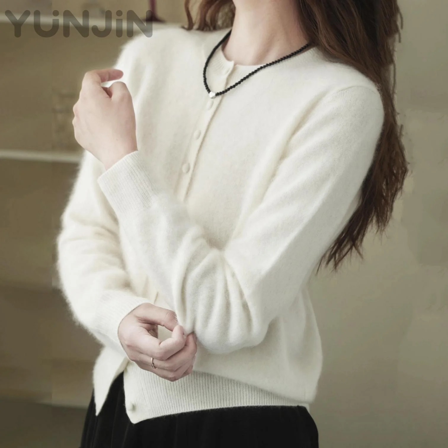 Women's Wool Cashmere Fluffy O-Neck Knitted Sweater Cardigan