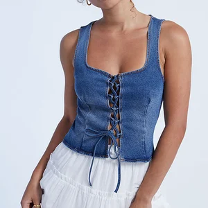 Custom Casual Denim Bodice for Women Cutout Bow Denim Top for Women's Clothing